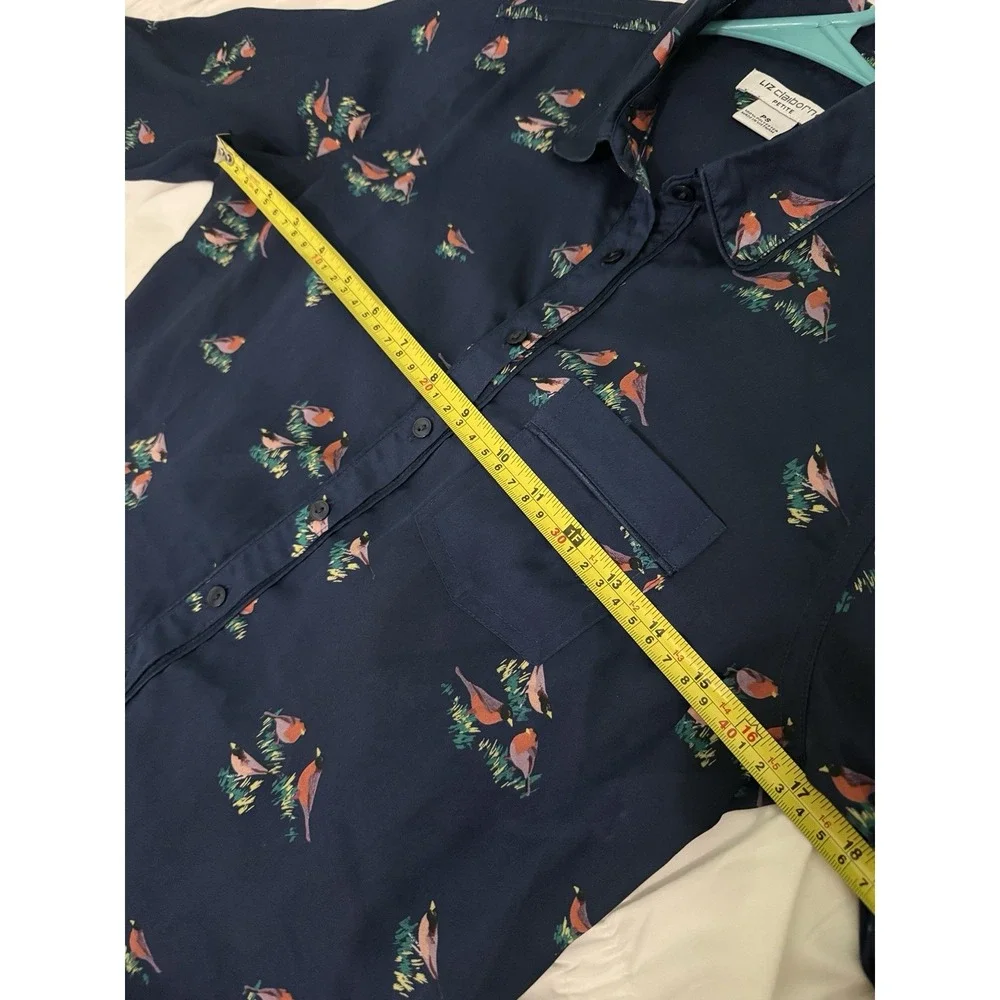 Liz Claiborne Button Front Womens Sz PS Petites Navy Bird Print Long Sleeve Top